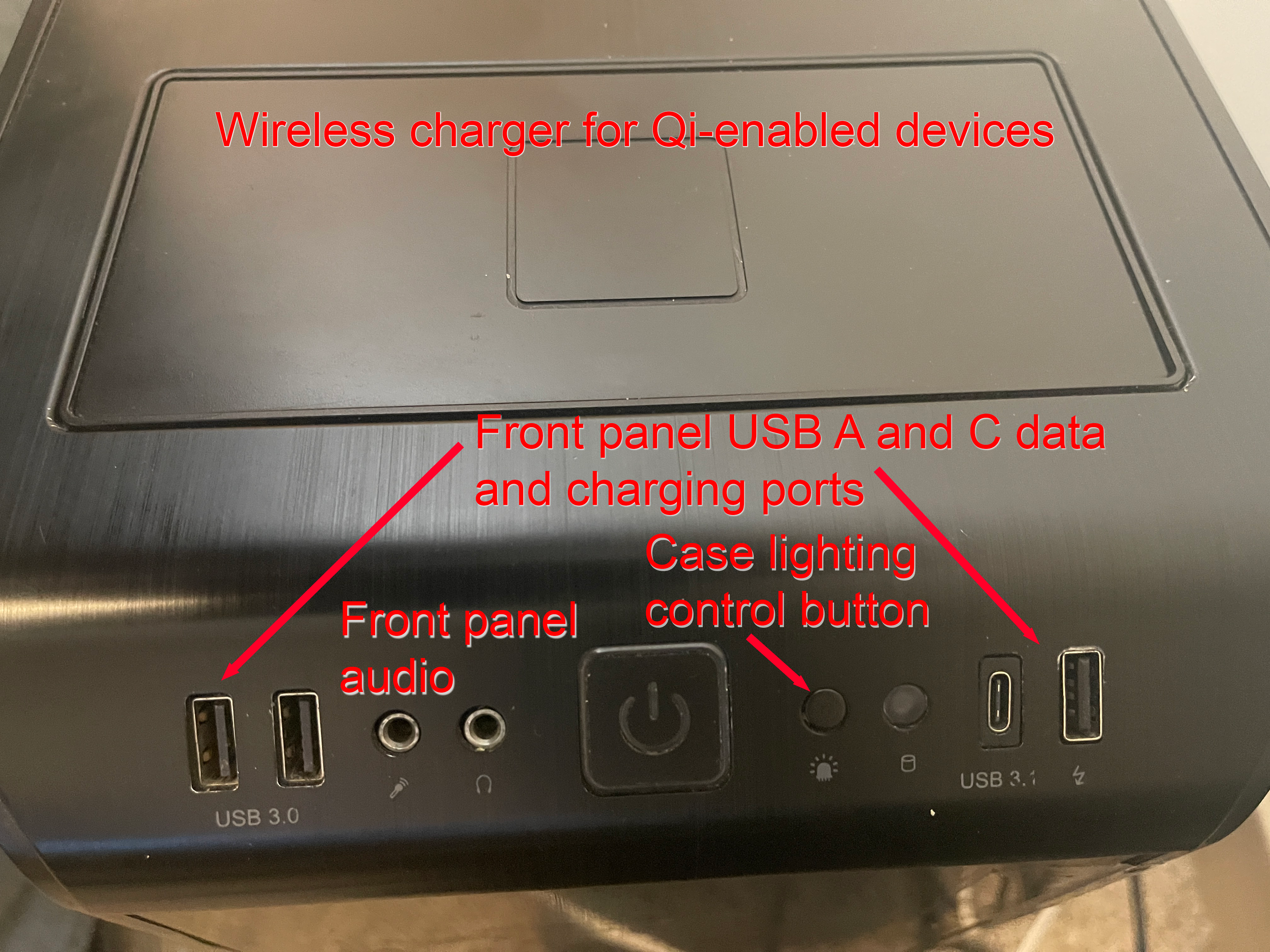 Qi phone charger and front panel ports